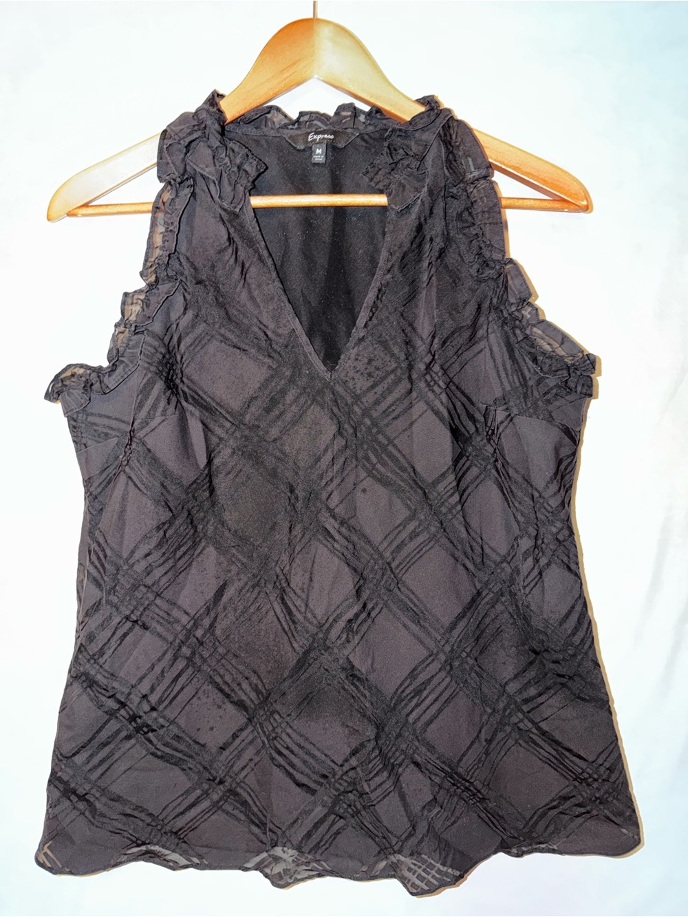 Express Black V-Neck Ruffled Plaid Sleeveless Camisole